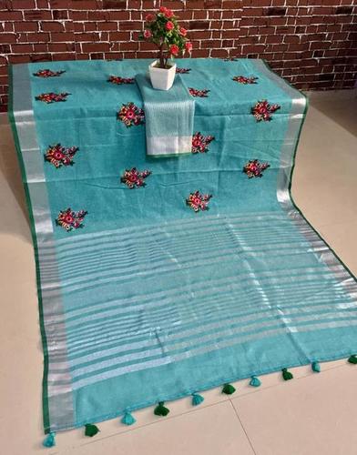 Blue Pure Linen Saree With Embroidered Work All Over With Silver Zari Pallu And Border