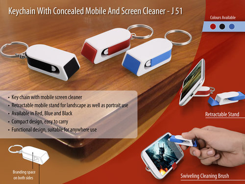 KEYCHAIN WITH CONCEALED MOBILE STAND AND SCREEN CLEANER - Plastic, 6.3 x 2.7 cm, Multicolor | Retractable Stand, Compact Design, Mobile Screen Cleaner