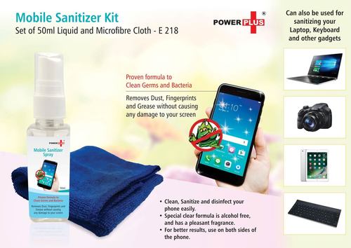POWER PLUS MOBILE SANITIZER KIT - Plastic, 12 x 7.3 x 3.5 cm, White & Blue | Alcohol-Free Formula, Cleans & Disinfects Devices, Pleasant Fragrance