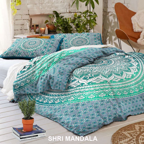 Green Ombre Hippie Mandala Quilt Cover Set Duvet Cover King Size With Pillow Covers Length: 95 Inch (In)