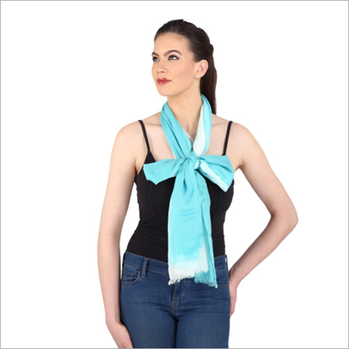 White & Sea Green Shaded Shawl With Raw Fringes