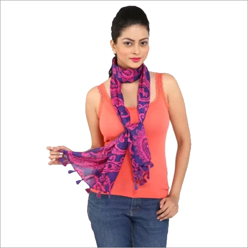 Purple Printed Scarves With Tassels