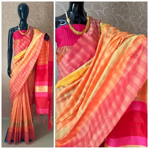Raw Silk Saree - Small Checked Weave with Multi-Color Border and Pallu | Bollywood Style, Blouse Piece Included, Luxurious Fabric