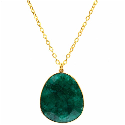 Green Silver Dyed Emerald Gold Plated Big Stone Necklace