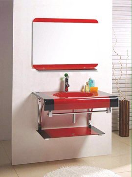 Glass Vanity Basin Set - 24x21 Round Red Glass Vanity Wall Mounted One Piece Design Includes 24x18 Mirror and 18x12 Self