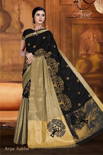 Pure Silk Cotton Saree - Black, Hand-loomed with Tree Design | Bollywood Style, Premium Quality