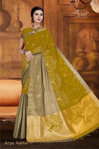 Pure Silk Cotton Saree - Mustard Color, Handloom Crafted with Tree Design | Bollywood Style, Guaranteed Quality
