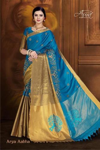 Pure Silk Cotton Saree - Cotton Silk Blend, Sky Blue Color, Bollywood Style, Handpainted Tree Design