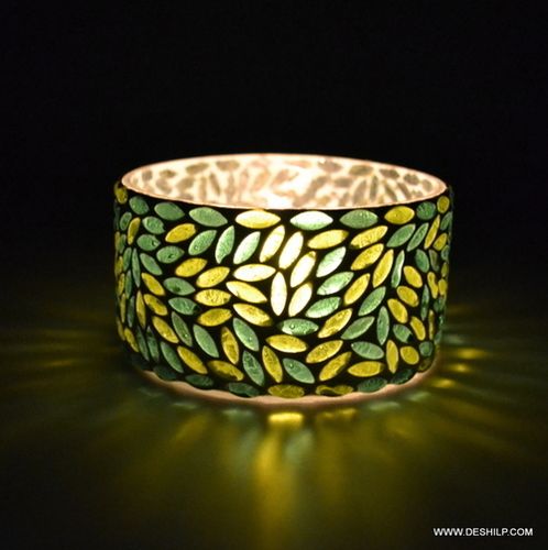 Green Mosaic Glass T- Light Candle Holder