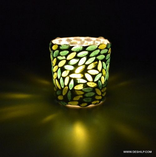 Green & White Mosaic Glass Tealight Votive Candle Holder