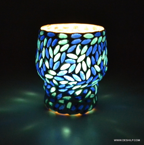 Design Blue & Mosaic Candle Holder Mosaic Glass Tealight Votive Candle Use: Home Decoration