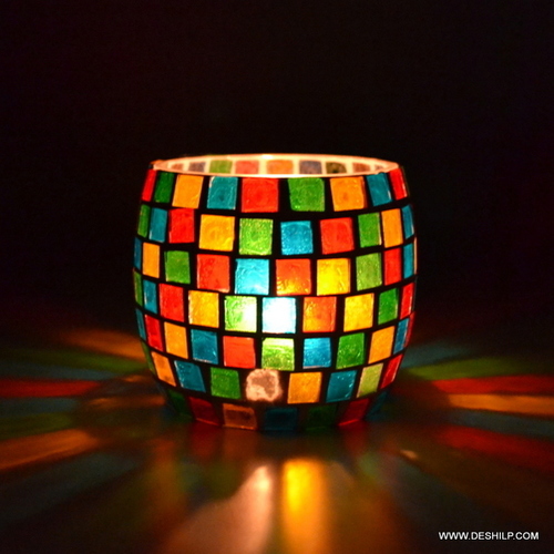 Multicolored Small Glass Mosaic Candle Holder - Use: Souvenir