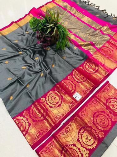 Dark Grey Pure Cotton Silk Saree