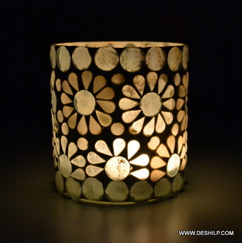 WHITE MOSAIC AND BLACK EFFECT LIGHT CANDLE HOLDER