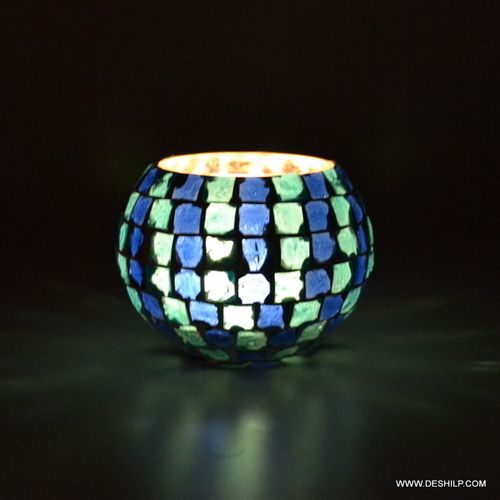 BLUE MOSAIC GLASS CANDLE VOTIVE