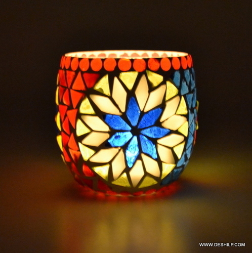 Tea Light Holder Multi Color Changing Flame Designer Paper Votive Handcrafted Traditional Design Glass