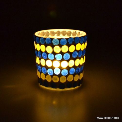 Glass Blue Mosaic Color Changing Flame Designer Paper Votive Holder