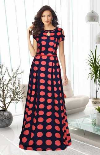 Zorba8139 - Imported Stretchable Fabric, 54 Inch Length, Navy Blue | Polka Dots, Full Stitched, Cap Sleeve, Stylish Belt, Flare 2.18 Mtr