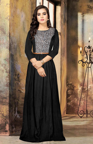 Women Gown - Crepe Material, S-XXL Size, Black Color, 53 Inch Length, Printed Design, Short Sleeves, Casual Dress for Summer & All Season Wear