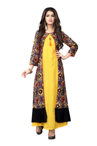 Reyon Designer Kurta - Silk Fabric, 40 to 49 Inch Length, Navy Blue Color, 3-4th Sleeve Style, Modern Look for Girls