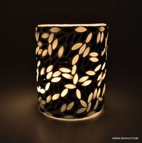 DECORATIVE GLASS BLACK & WHITE MOSAIC CANDLE VOTIVE HOLDER