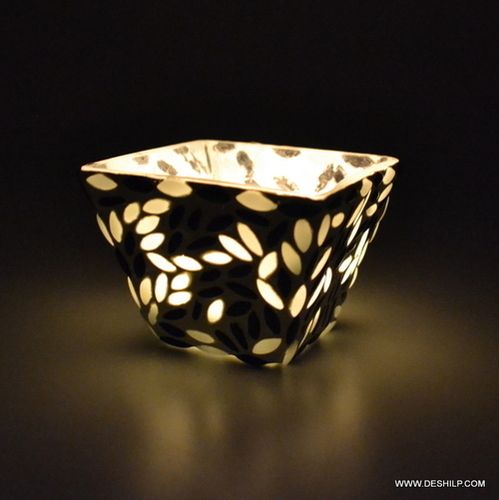 Black& White Mosaic Glass Candle Votive Holder