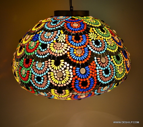 Vintage Antique Glass Hanging Lamp - Mosaic Design Round 5x10 to 7x12 Inches | Multicolor Finish 100% Handmade Elegant Rooftop Installation