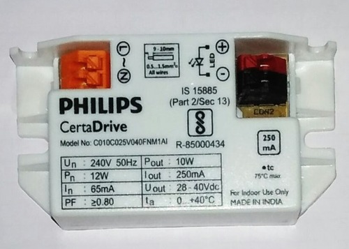 Philips 10wt 250ma - Input Voltage: 240V, Output Voltage: 28-40VDC, Output Current: 250mA | White, Dimensions: 80x40x22mm, Square Design