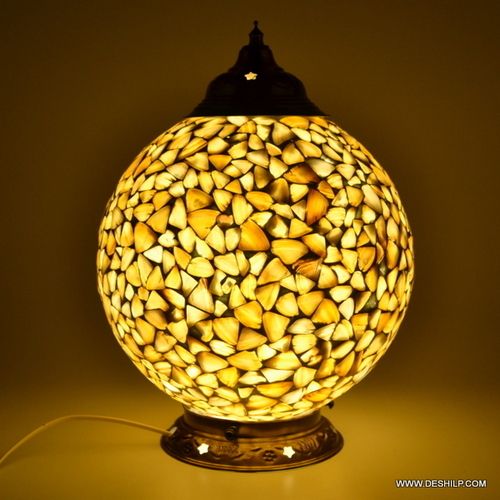 Yellow Mother Of Pearls Glass Table Lamp With Metal Fitting