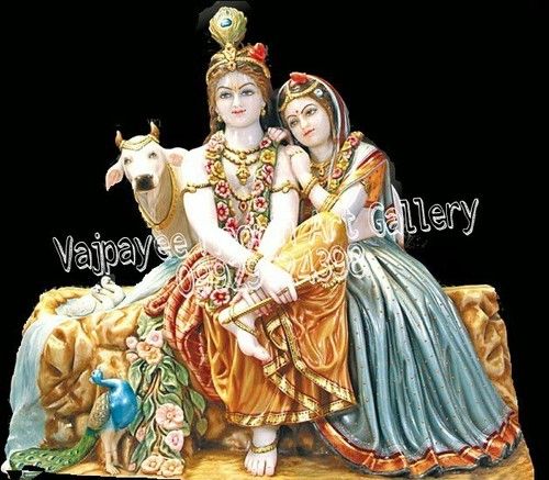 Marble Radhe Krishna Statue With Cow