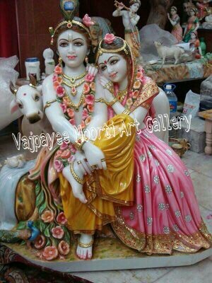 Lord Radhe Krishna Marble Statue With Cow