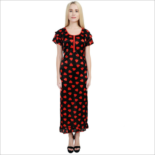 Black And Red Designer Heart Printed Satin Nightdress