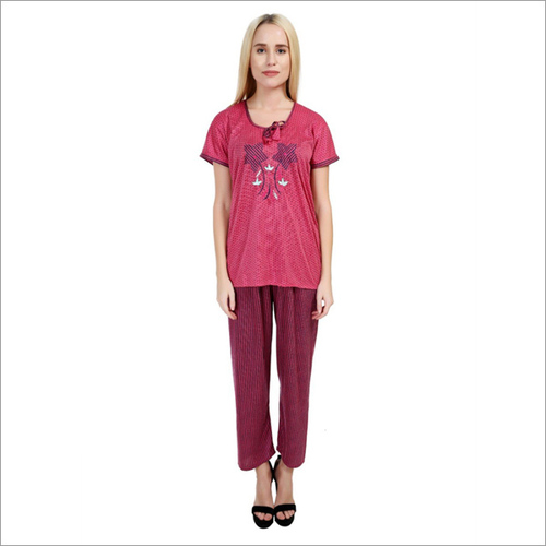 Red Designer Embriodered Hosiery Night Suit