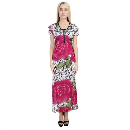 Pink And White Designer Flower Printed Satin Nightdress