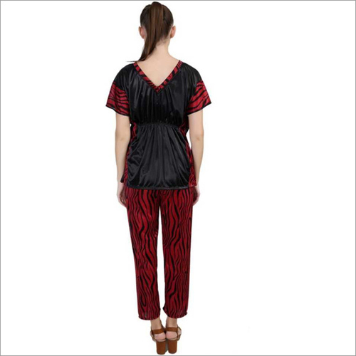 Red And Black Women'S Striped Maroon Night Suit