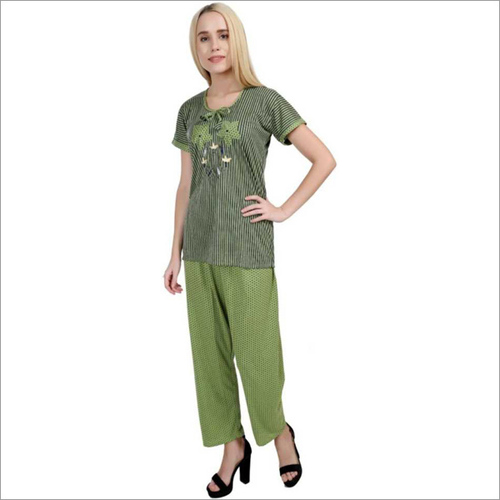 Silk Nightgown - XS to XL, Striped Green Design | Short Sleeves, Summer Comfort, Embroidered & Appliqued Detail
