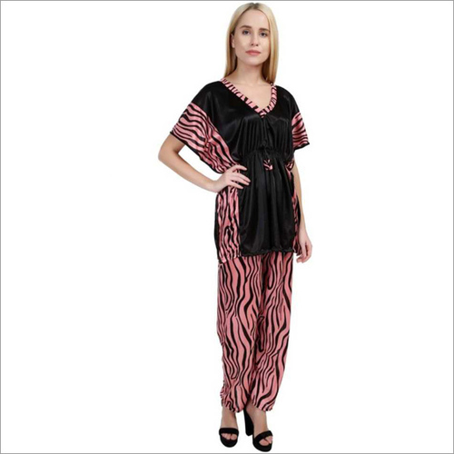 Red And Brown Women'S Striped Pink Night Suit Set