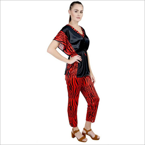 Red And Black Women'S Striped Orange Night Suit Set