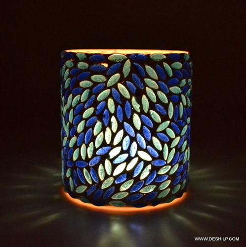 Blue & White Mosaic Glass Candle Holder