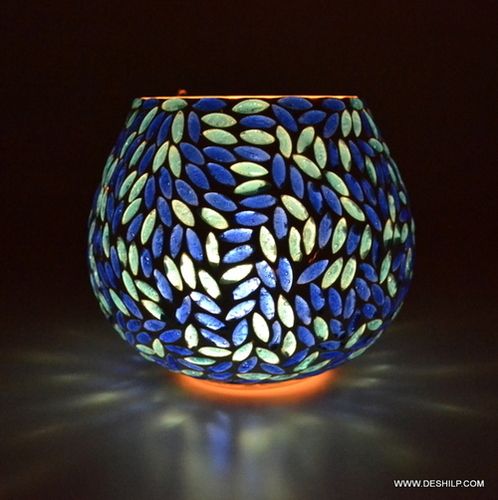 BLUE MOSAIC GLASS DECOR CANDLE HOLDER