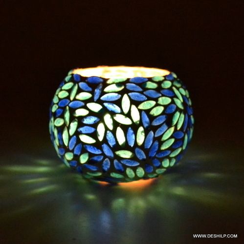 BLUE MOSAIC COLOR AND DESIGN CANDLE HOLDER