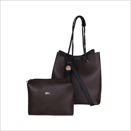 Solid Pattern Vinyl Brown Handbag With Pouch Design: Plain