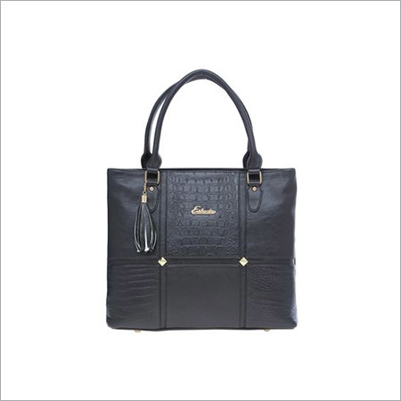 Ladies Black Genuine Leather Handbag - Standard Size, Zipper Closure, Square Shape, Elegant Handle Design