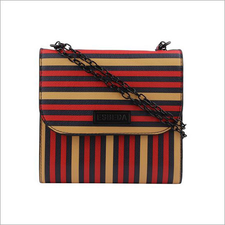 Leather Ladies Red & Multi Line Sling Bag