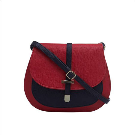 Ladies Sling Bag - Leather, Standard Size | Plain Design, Red and Black Color, Shoulder Length Handles
