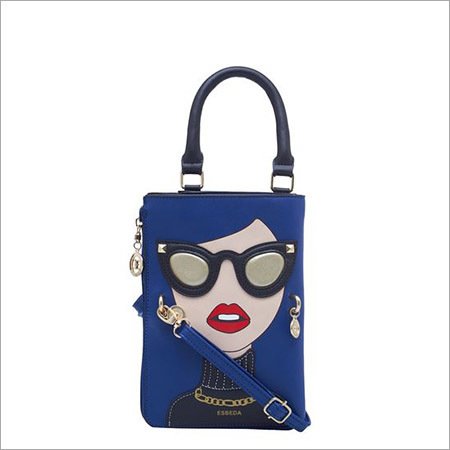 Ladies Sling Bag - Leather, Standard Size | Printed Design, Short Handle, D-Blue Color