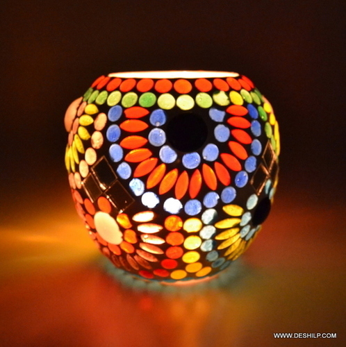 Multicolored Polished Mosaic Glass Candle Holder - Use: Birthday Gift