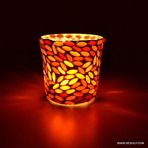 RED COLOR EFFECT GLASS MOSAIC VOTIVE HOLDER