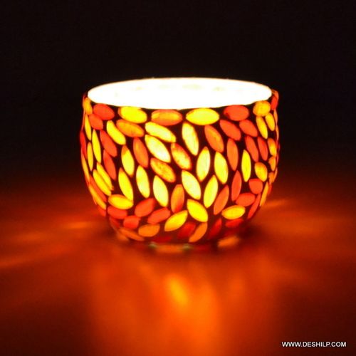 Red & Yellow Mosaic Glass Candle Holder