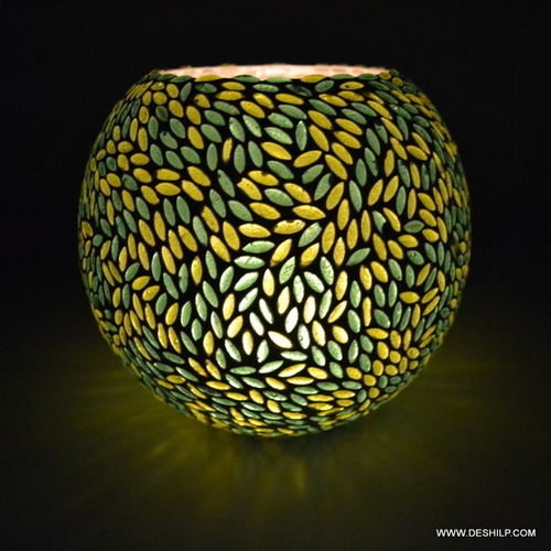 Green & Yellow Mosaic Glass Tealight Votive Candle Holder